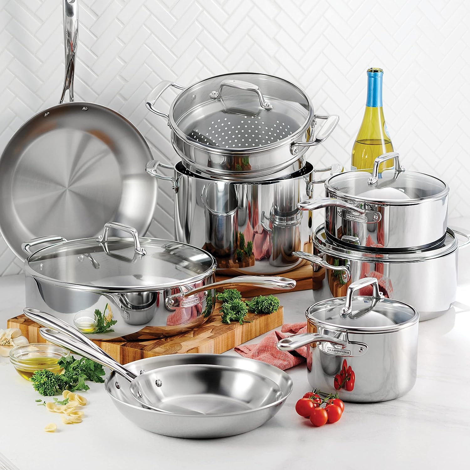 tramontina 14 piece tri ply clad stainless steel cookware set